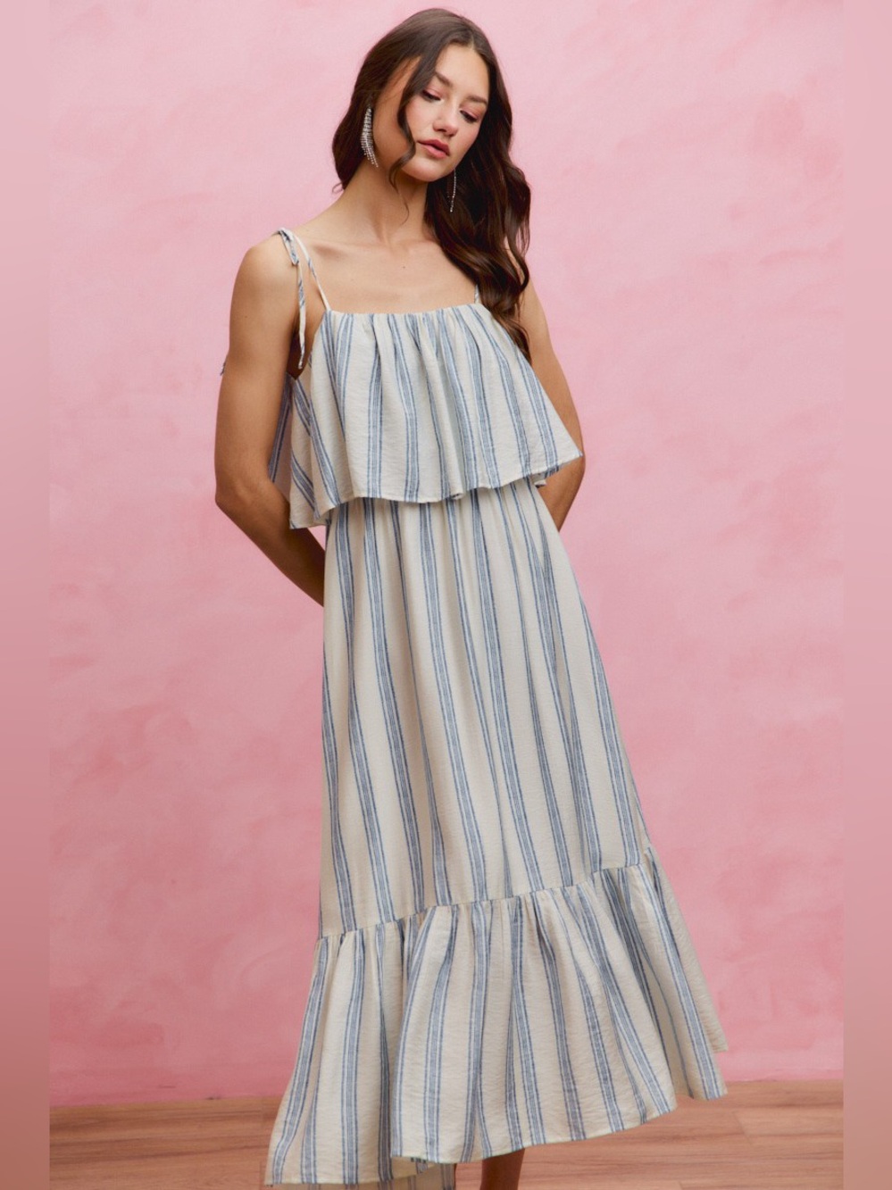 SO ME Stripe Tiered Shoulder Tie Midi Lined Dress - Picture 10 of 15